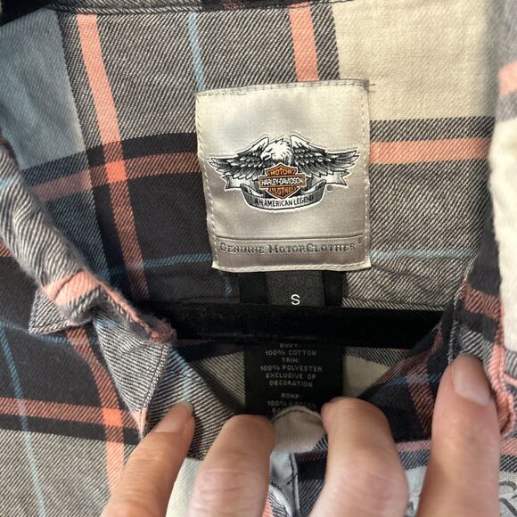 Harley Davidson Orange Black Plaid Shirt Sequins Small Women’s Top Button Up - Picture 4 of 6